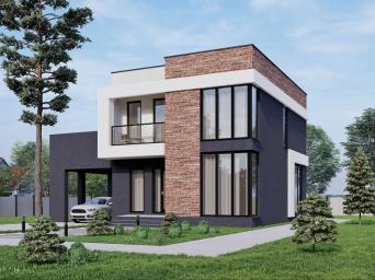 Двухэтажный дом с навесом для машины, балконом и большой эксплуатируемой террасой